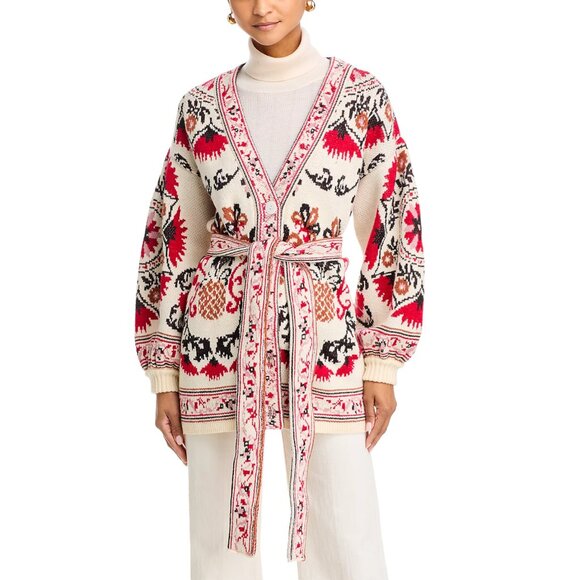 FARM Rio Sweaters - FARM RIO Cashew Mandala Belted Knit Cardigan, Cream/Red/Black, Size M, NWT